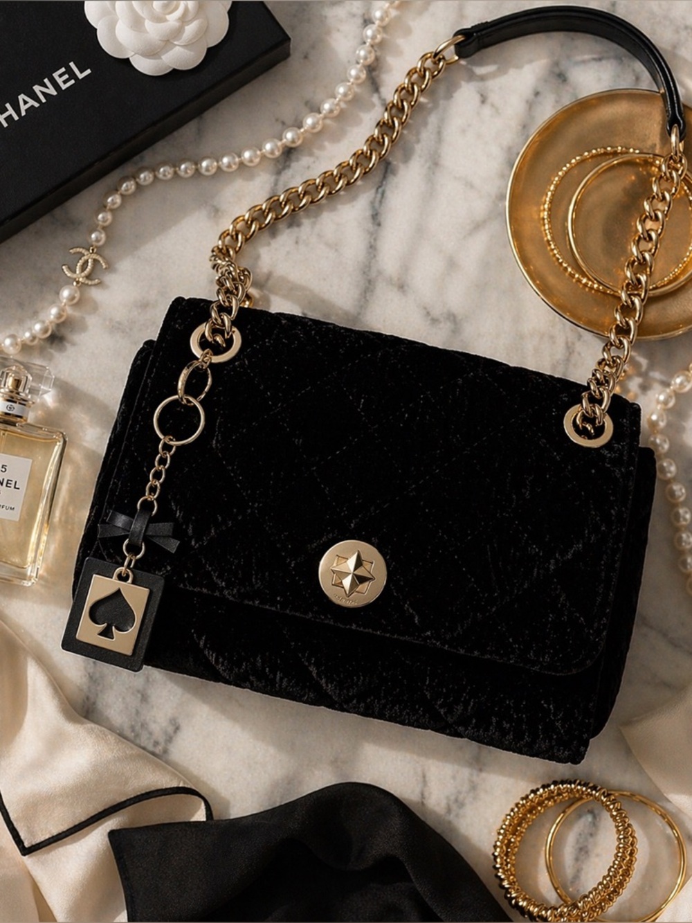 Kate Spade Natalia Black Quilted Velvet Flap Bag Gold Chain Evening & Prom Bag